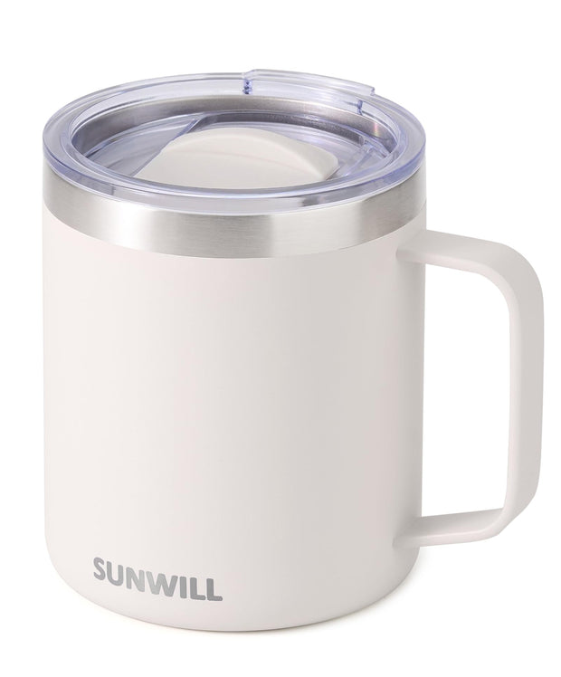 SUNWILL Insulated Coffee Mug with Lid, Travel Tumbler with Handle, 14 oz Stainless Steel Cup for Camping, Office, Home, Powder Coated White