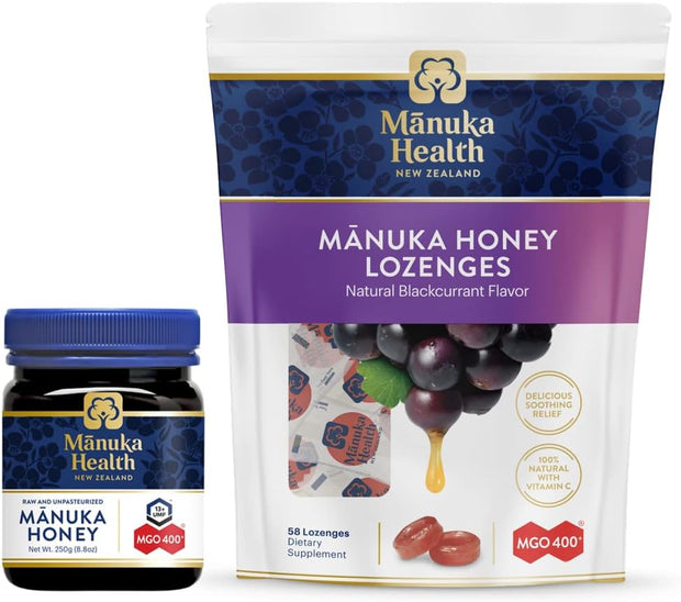 Manuka Health, Manuka Honey MGO 400+ Raw Manuka Honey 8.8 oz., Jar and Manuka Honey Lozenges MGO 400+, 8.8 oz Bag, Black Currant