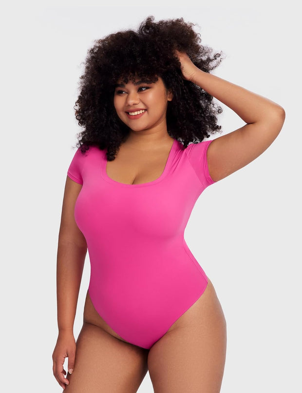 PUMIEY Women's Scoop Neck Short Sleeve Bodysuit Slimming Fit Body suit Top Smoke Cloud Pro Collection