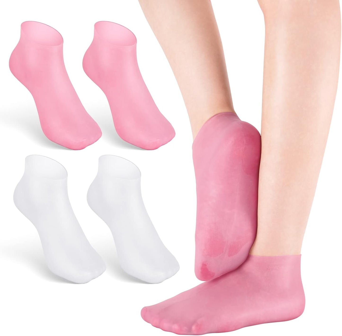 Noverlife 2 Pairs Silicone Moisturizing Socks Softening Dry Cracked Feet Rough Skins & Anti Slip Aloe Socks for Dry Cracked Feet Women, Calluses, Spa Gel Socks Foot Care After Pedicure - Pink & White