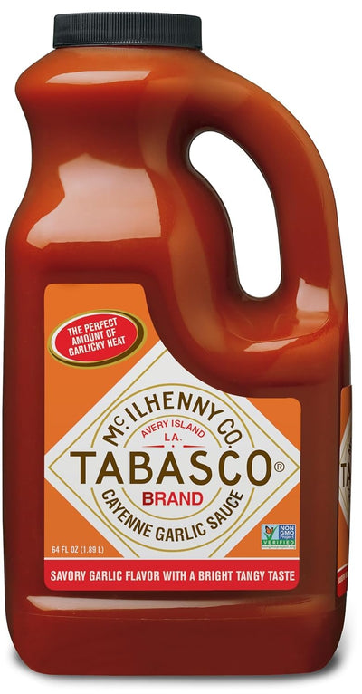 TABASCO Brand Cayenne Garlic Pepper Sauce, Mild Hot Sauce, Bulk Plastic Jug, Smoky & Zesty Blend with Savory Garlic, Perfect for Large Recipes, Great for Italian Dishes & More, 64 Fl Oz (Pack of 1)