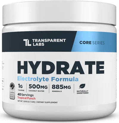 Transparent Labs Hydrate Naturally Sweetened Electrolytes Powder - Hydration Powder Electrolytes with Coconut Water, Calcium, Taurine, & Potassium - 40 Servings, Tropical Punch