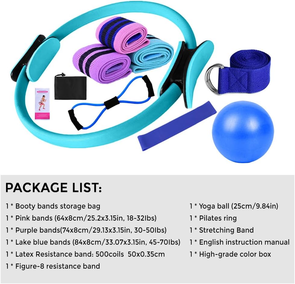 Yoga Sets for Women Pilates at Home Equipment Pilates Magic Ring Booty Bands for Working Out Glutes Yoga Ball 25cm Figure 8 Resistance Band Yoga Bands for Stretching