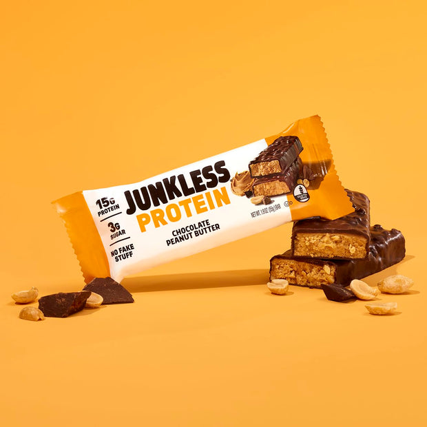 JUNKLESS Protein Bars - Chocolate Peanut Butter - 15g Protein, No Added Sugar, Gluten Free, High Fiber, Delicious Taste and Texture, Satisfying, Healthy Snack for Energy - 12 Bars