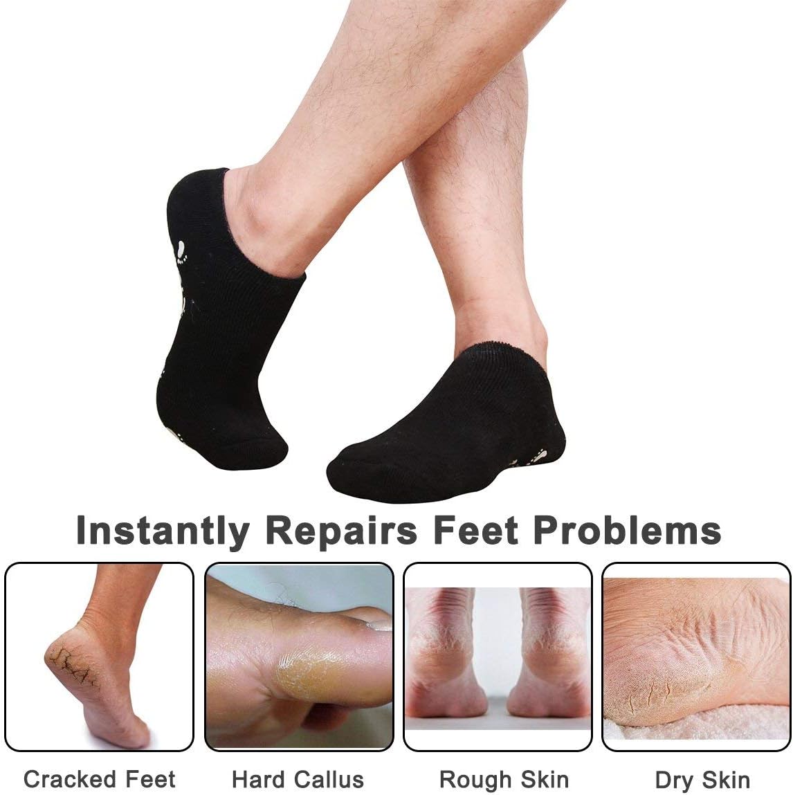 Large Men Moisturizing Gel Socks - 2 Pairs Foot Care Treatment for Dry Cracked Rough Skin - Spa Lotion Socks for Repairing US10-15