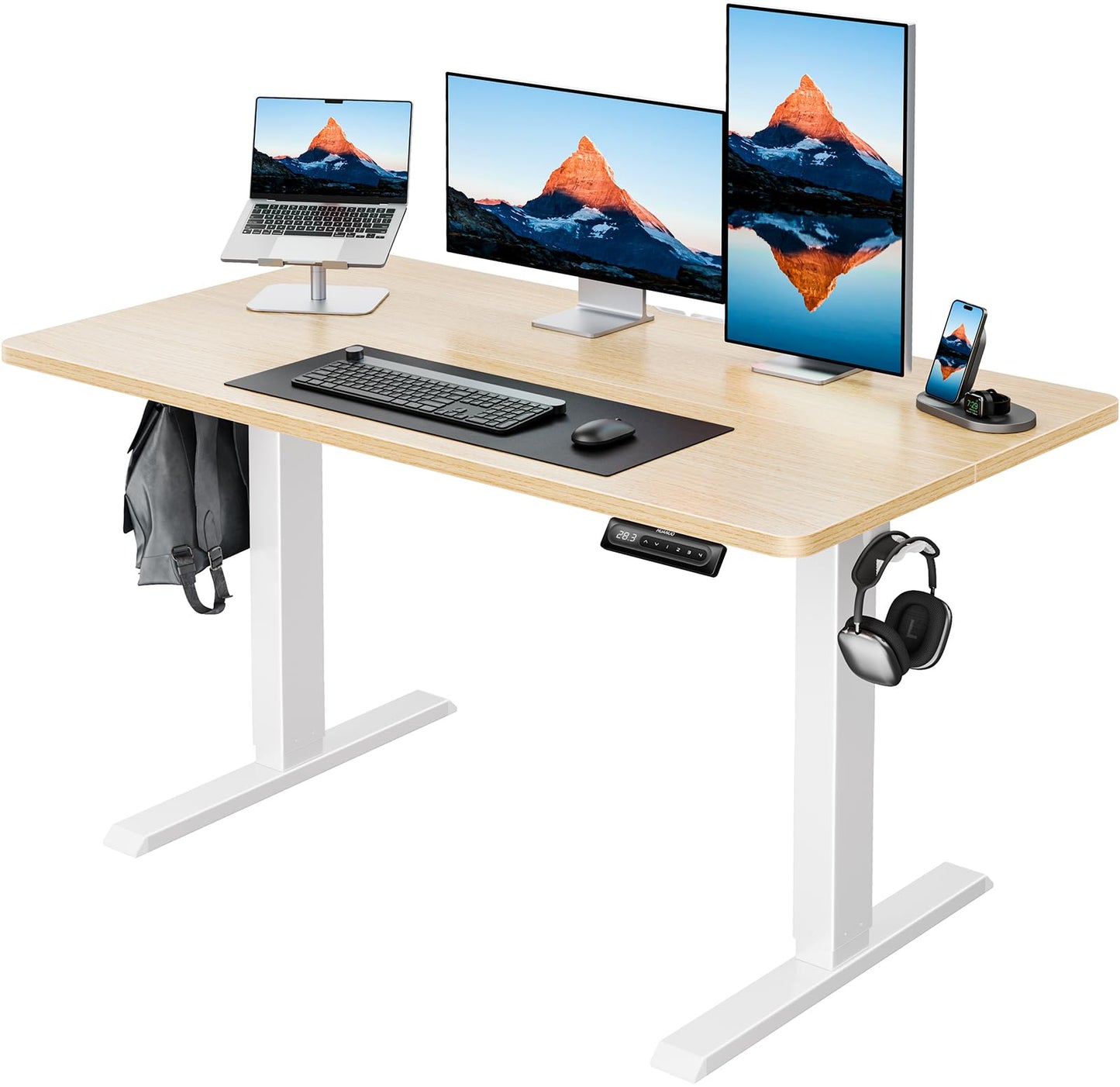 HUANUO 48" x 24" Electric Standing Desk Adjustable Height, 4 Memory Height Settings, Headphone Hook, Cable Manager, Sit Stand Up Desk for Home Office & Computer Workstation, Black