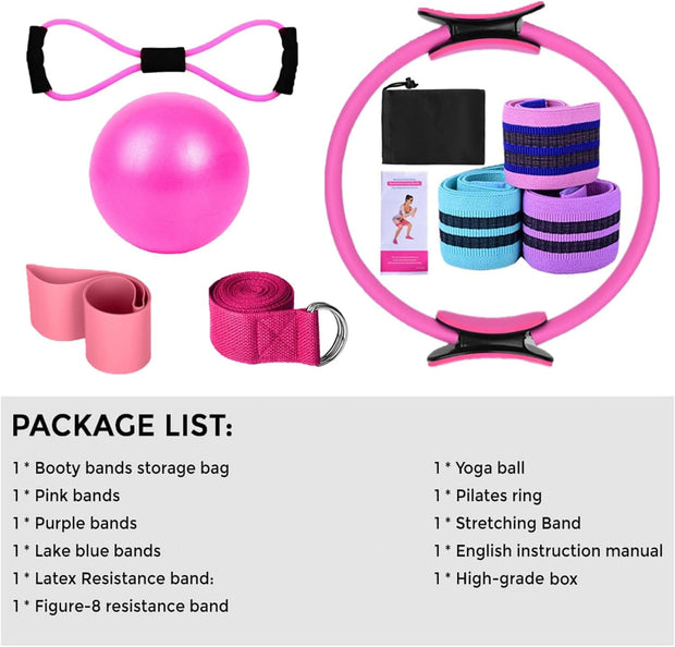 Pilates Ring Kit for Women Home Workouts Better Pilates Essentials Kits Equipments Sets Accessories Magic Ring Booty Bands Glutes Yoga Ball 25cm Figure 8 Resistance Yoga Bands for Stretching 8 Pcs