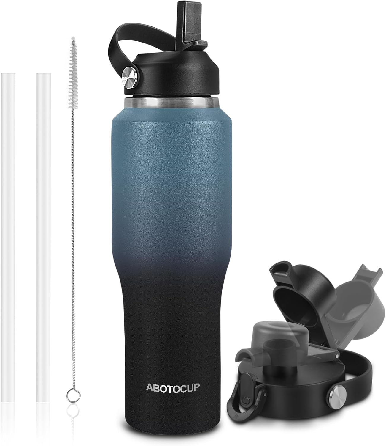 32oz Black Water Bottle Stainless Steel, Keep Cold 24H&Hot 12H, Water Bottle with Straw&Spout Lids, Insulated Water Bottle Double Wall Vacuum, Fit in Any Car Cup Holder, Leak-proof BPA Free