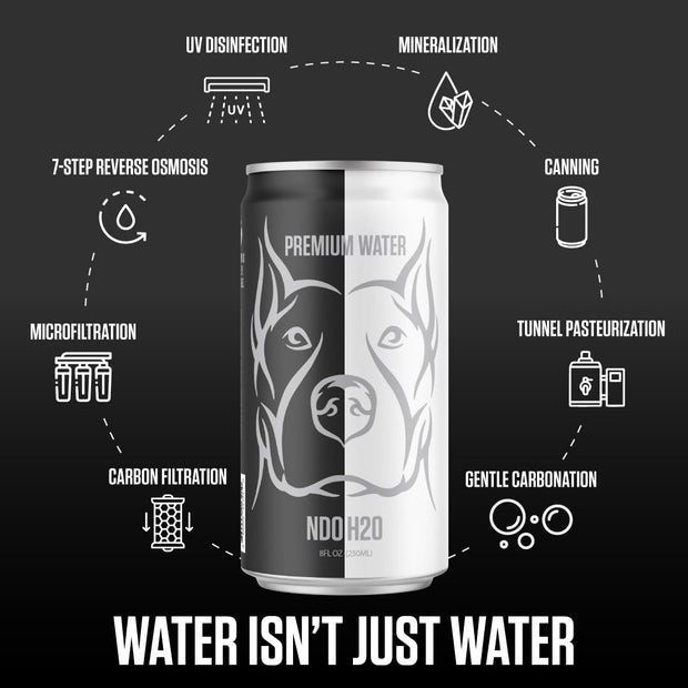 NDO H2O Premium Purified Water Case - 24 Pack (8.4 fl oz, Sparkling) | Reverse Osmosis Canned Water | Tested for Over 400 Impurities | Purified, Carbonated & Balanced | Alkaline & Minerals