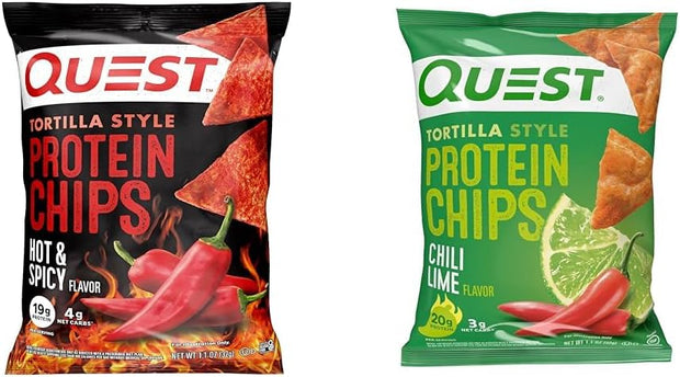 Quest Nutrition Tortilla Style Protein Chips, Hot & Spicy, 19g of Protein, 4g Net Carbs, Gluten Free, 1.1 Ounce (Pack of 12) & Tortilla Style Protein Chips, Chili Lime, Baked, 1.1 Oz, Pack of 12