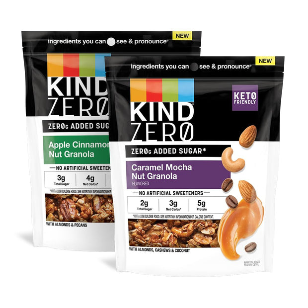 KIND Zero Added Sugar Keto Granola, Variety Pack, Apple Cinnamon Nut and Caramel Mocha Nut, Good Source of Fiber, Gluten Free, Low Sugar, 5g Protein, 2 Count