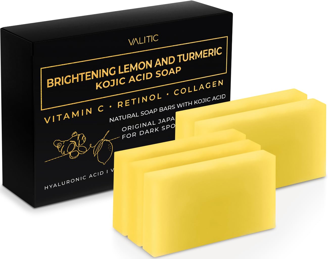 VALITIC Brightening Lemon & Turmeric Kojic Acid Soap with Vitamin C, Retinol, Collagen - Original Japanese Complex Infused with Hyaluronic Acid, Vitamin E, Shea Butter, Castile Olive Oil (2 Pack)