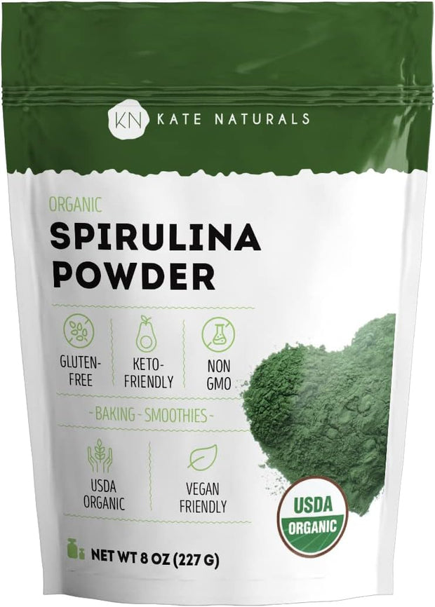 Kate Naturals Organic Spirulina Powder for Immune Support and Antioxidants. Nutrient Dense Superfood Supplement (8 oz, USDA Certified, Non-GMO, Gluten- Free)