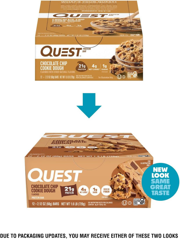 Quest Nutrition Chocolate Chip Dough Cookie Protein Bars, 21g Protein, 1g Sugar, 4g Net Carb, High Fiber, Gluten Free, Keto Friendy, 12 Count