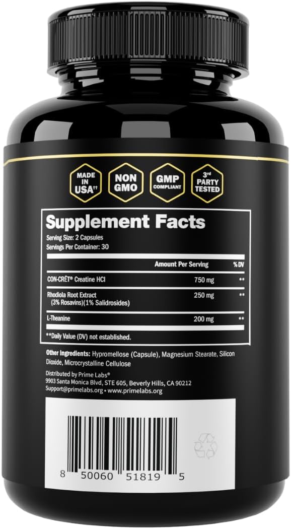 Prime Labs Creatine HCl Capsules - with CON-CRĒT®, Rhodiola Root Extract, & L-Theanine - Muscle Support, Endurance, Cognitive Function - for Men & Women - 60 Pills