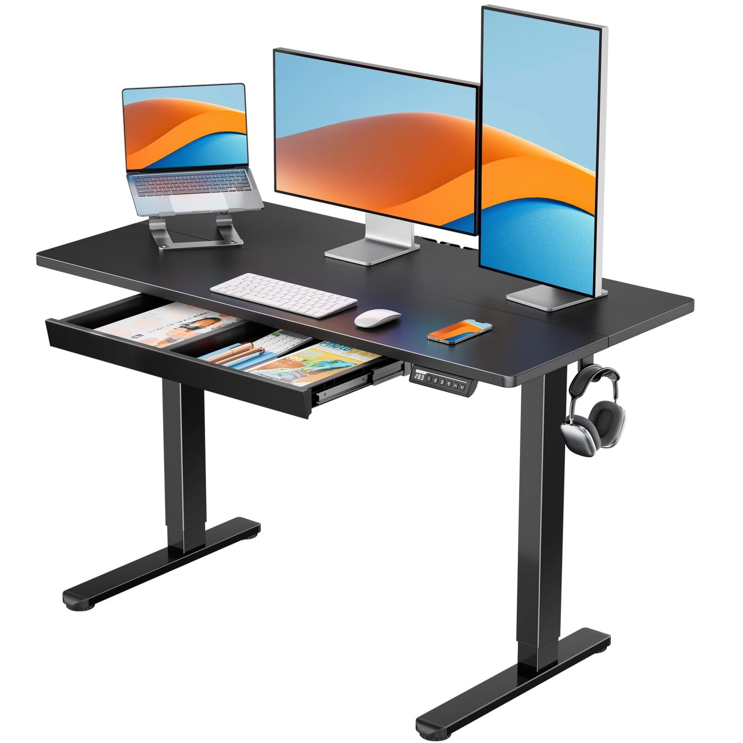 ErGear 44" x 24" Electric Standing Desk with Drawers, Height Adjustable Desk with 4 Preset Heights, Ergonomic Rising Home Office Computer Table with Splice Board, White