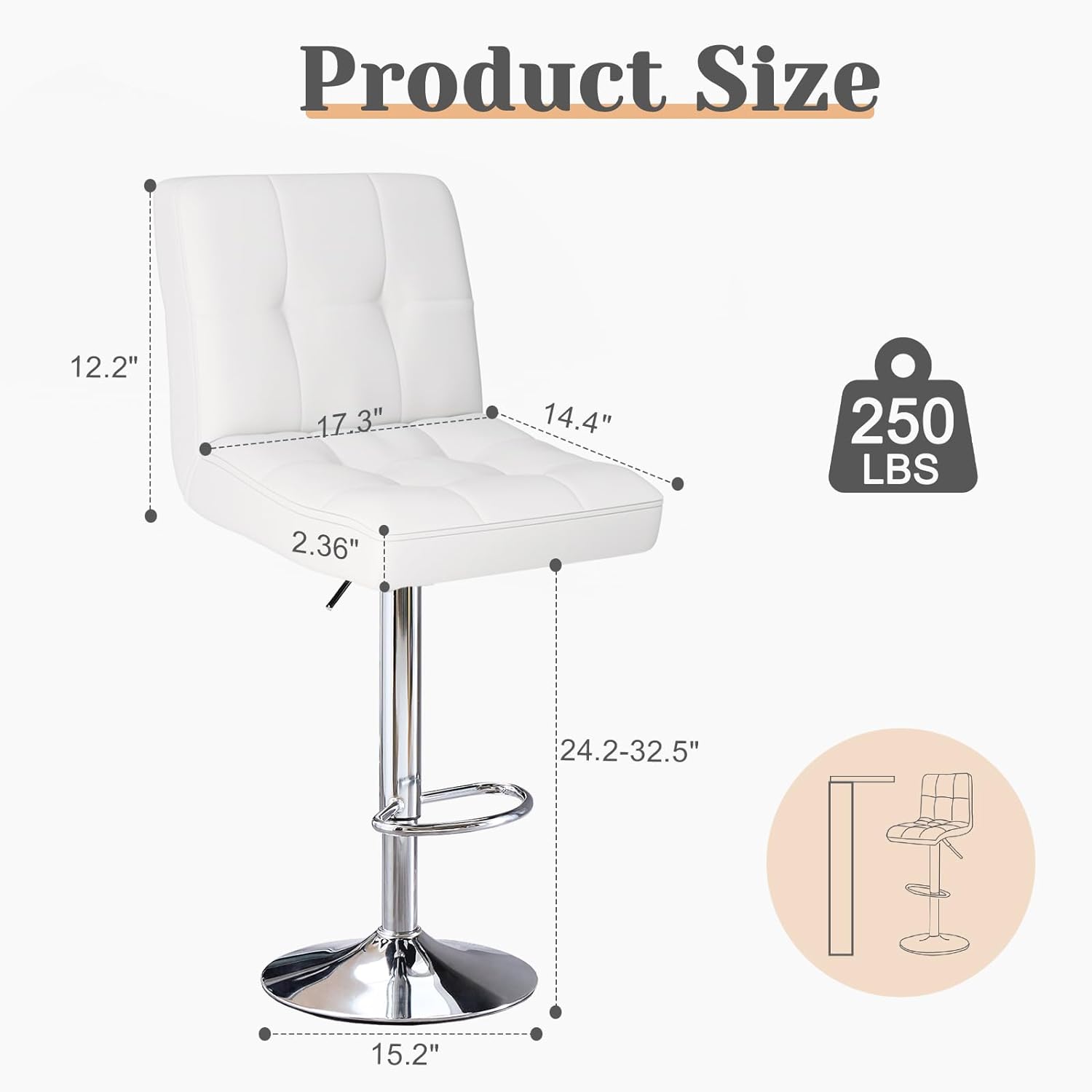 Bar Stools Set of 2, Armless Hydraulic Kitchen Height Counter Bar Stools, PU Leather Adjustable Swivel Barstools, Thickened Square Seat Cushion Barstool with Back, White