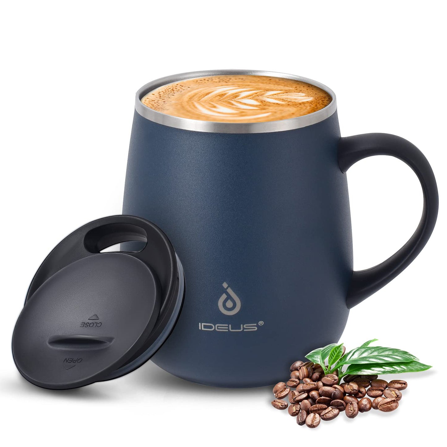 Ideus 16 oz Insulated Coffee Mug with Handle and Lid, Double Wall Stainless Steel Vacuum Thermal Coffee Mug, Travel Coffee Cup Thermal Cup for Home and Office, Storm Black