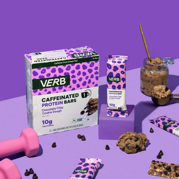Verb Energy - Caffeinated Protein Bars Chocolate Chip Cookie Dough 190-Calorie Low Sugar 10g Protein Bar - Vegan Snacks - Gluten Free Breakfast Bars with Organic Green Tea, 51g Per Bar (Pack of 12)