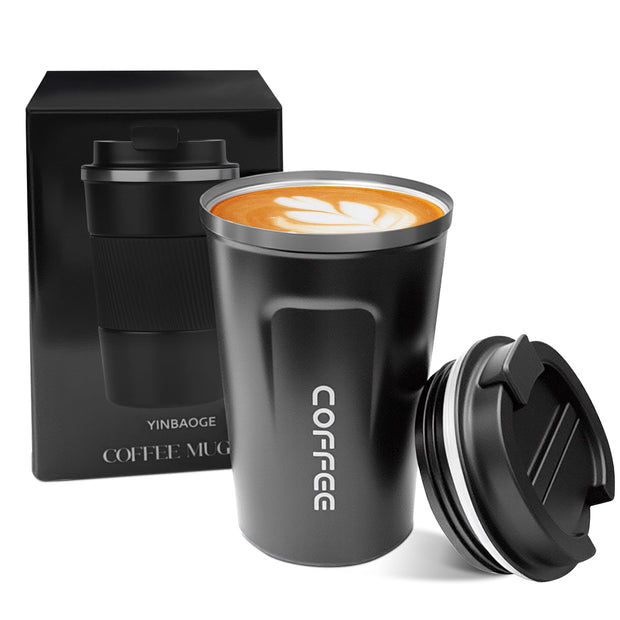 YINBAOGE Insulated Travel Coffee Mug Spill Proof Leak Proof Pobtable To Go Camping Stainless Steel Coffee Tumbler Reusable Coffee Cups with Lids Thermos for Hot and Cold Drink (Black, 12 OZ)