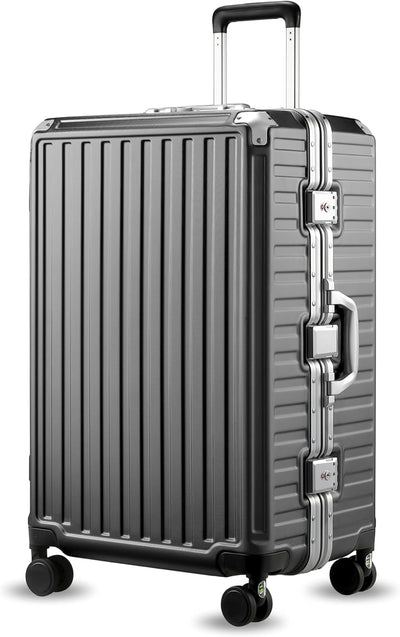 LUGGEX Checked Suitcase with Spinner Wheels, 28 Inch Aluminum Frame Zipperless Polycarbonate Hard Shell Suitcase, Charcoal Metallic