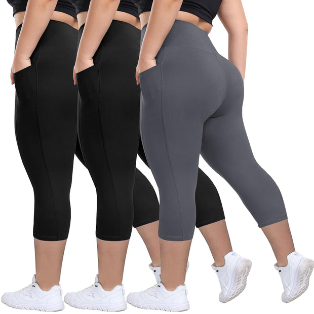 HLTPRO 3 Pack Plus Size Leggings with Pockets for Women - Black High Waisted Tummy Control Soft Yoga Pants for Gym Workout