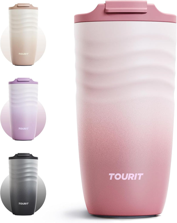 TOURIT 16 oz Travel Coffee Mug, Insulated Stainless Steel Travel Mug with Lid, Leak-Proof Double-Wall Vacuum Tumbler, Reusable Coffee Cup - Rose