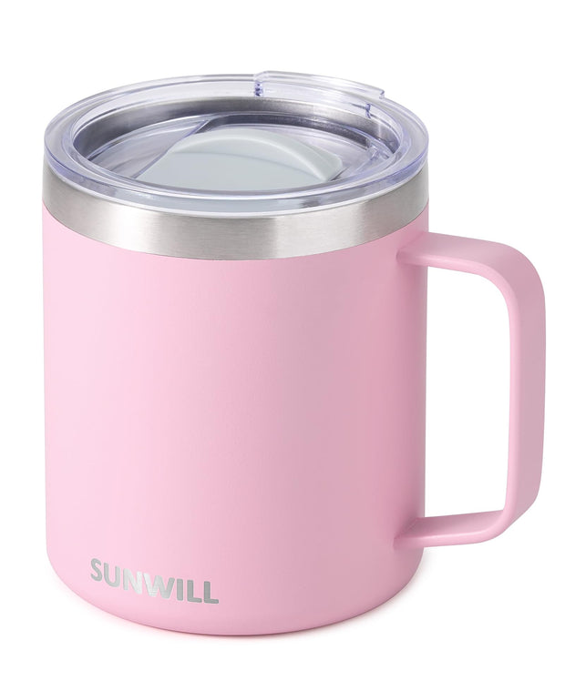 SUNWILL Insulated Coffee Mug with Lid, Travel Tumbler with Handle, 14 oz Stainless Steel Cup for Camping, Office, Home, Powder Coated White