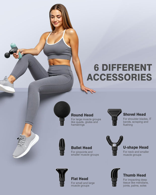 Mini Massage Gun, Percussion Muscle Massager for Back Pain Relief, Compact Sports Travel Massage Gun with 6 Massage Heads 4 Speeds, Gift for Her, Home, Athletes