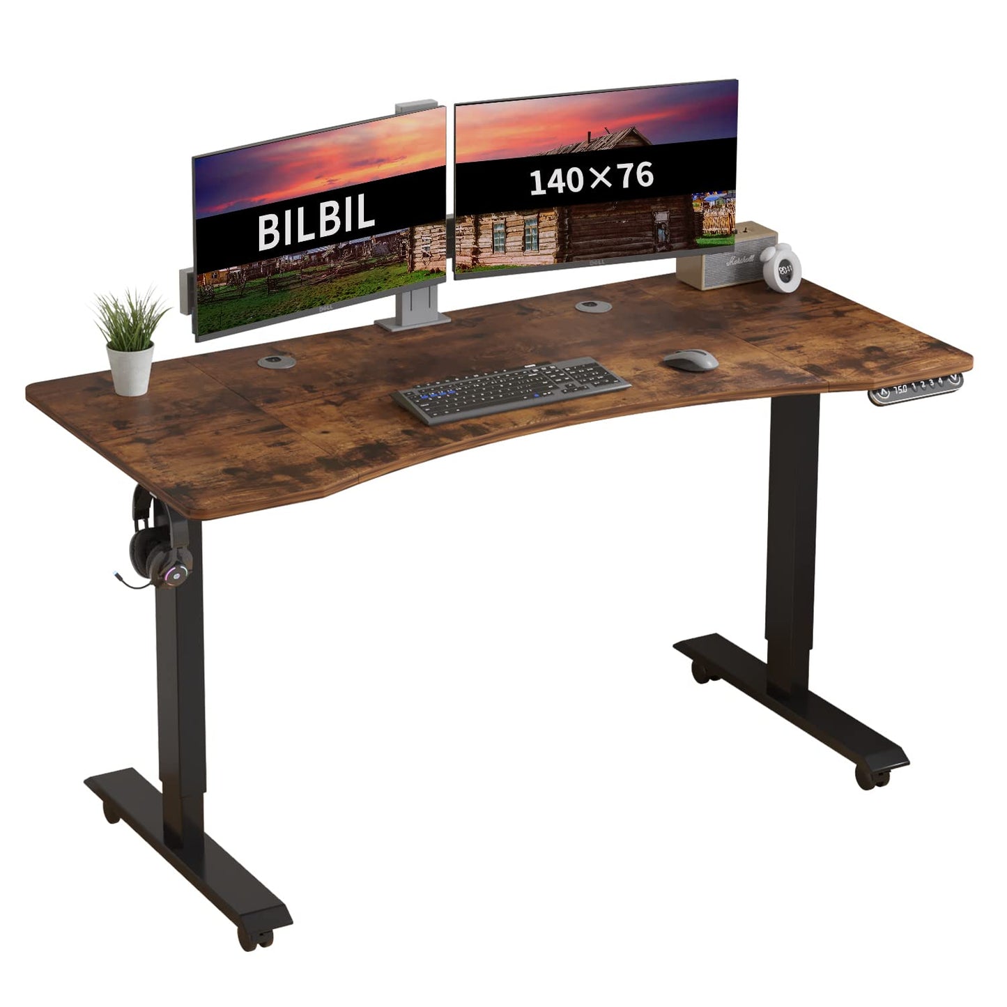 bilbil L-Shaped Electric Height Adjustable Standing Desk 59 Inches, Stand Up Rising Table for Home Office with Splice Board, Black Frame and Rustic Brown Top
