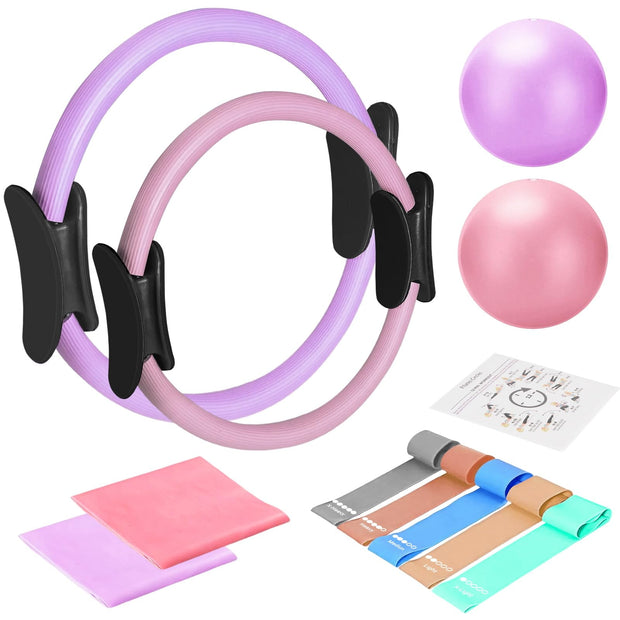 TOPZGLEEY Pilates Ring and Ball Set with Resistance Bands - Pilates Equipment for Home Workout - 14'' & 12'' Pilates Rings, 2 Pilates Balls, 5 Resistance Bands,Guide