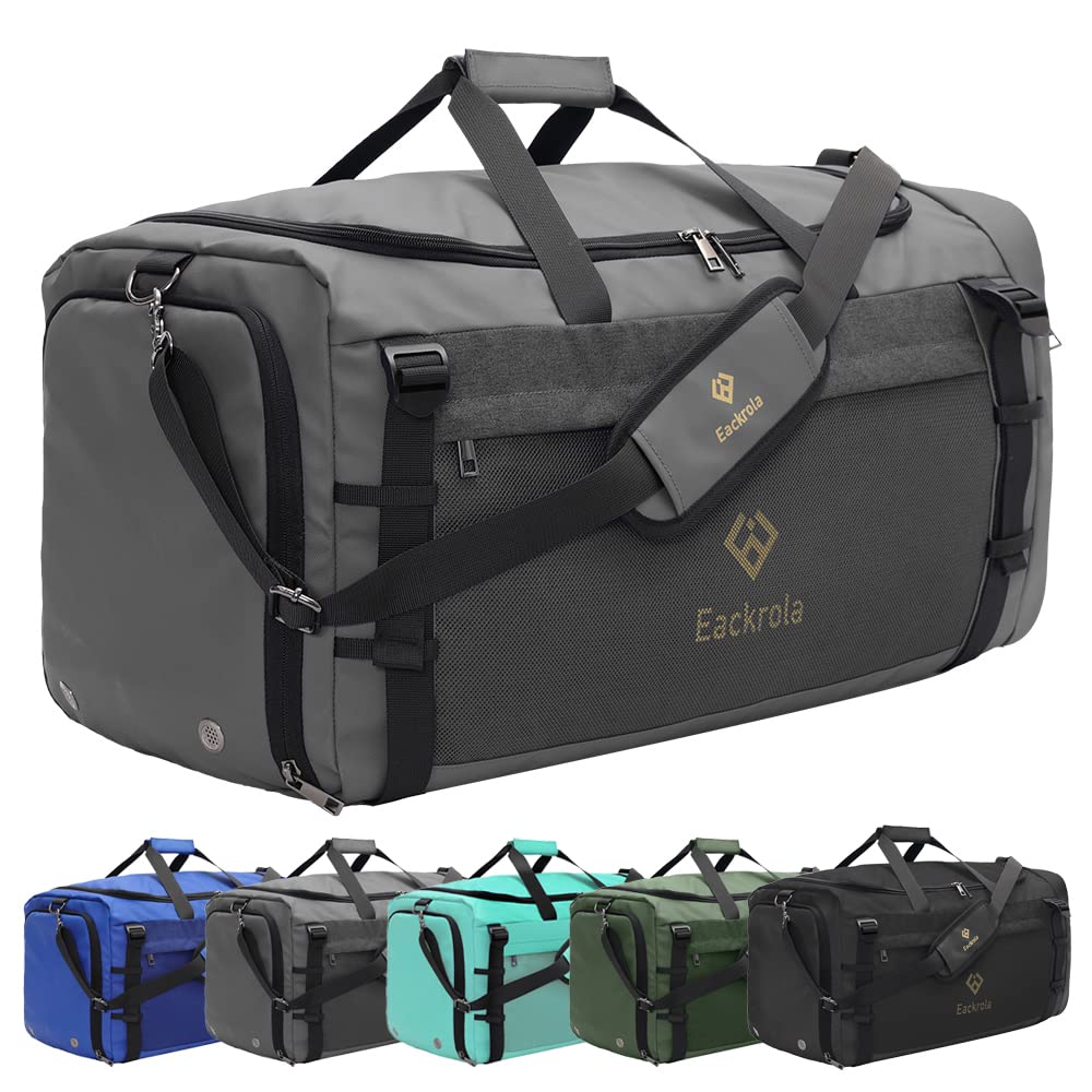 Eackrola Large Sports Gym Bag, Travel Duffel bag with Wet Pocket & Shoes Compartment for men women, 65L, Lightweight（Black）