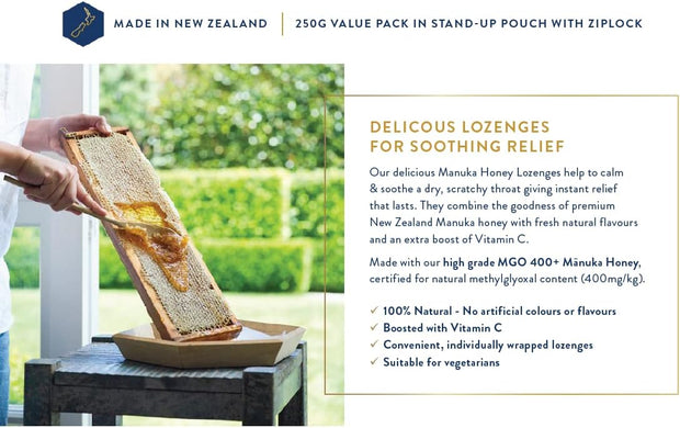 Manuka Health, Manuka Honey MGO 400+ Raw Manuka Honey 8.8 oz., Jar and Manuka Honey Lozenges MGO 400+, 8.8 oz Bag, Black Currant