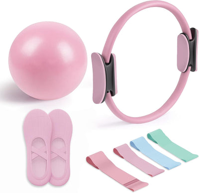 Pilates Essential Kit - Portable Fitness Equipment - with Toning Pilates Ring & Long Resistance Bands & Loop Bands & Soft Ball & Grip Socks