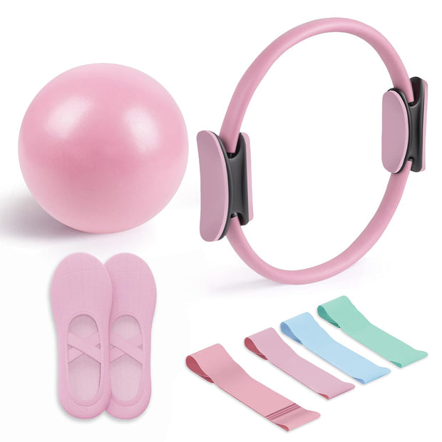 Pilates Essential Kit - Portable Fitness Equipment - with Toning Pilates Ring & Long Resistance Bands & Loop Bands & Soft Ball & Grip Socks