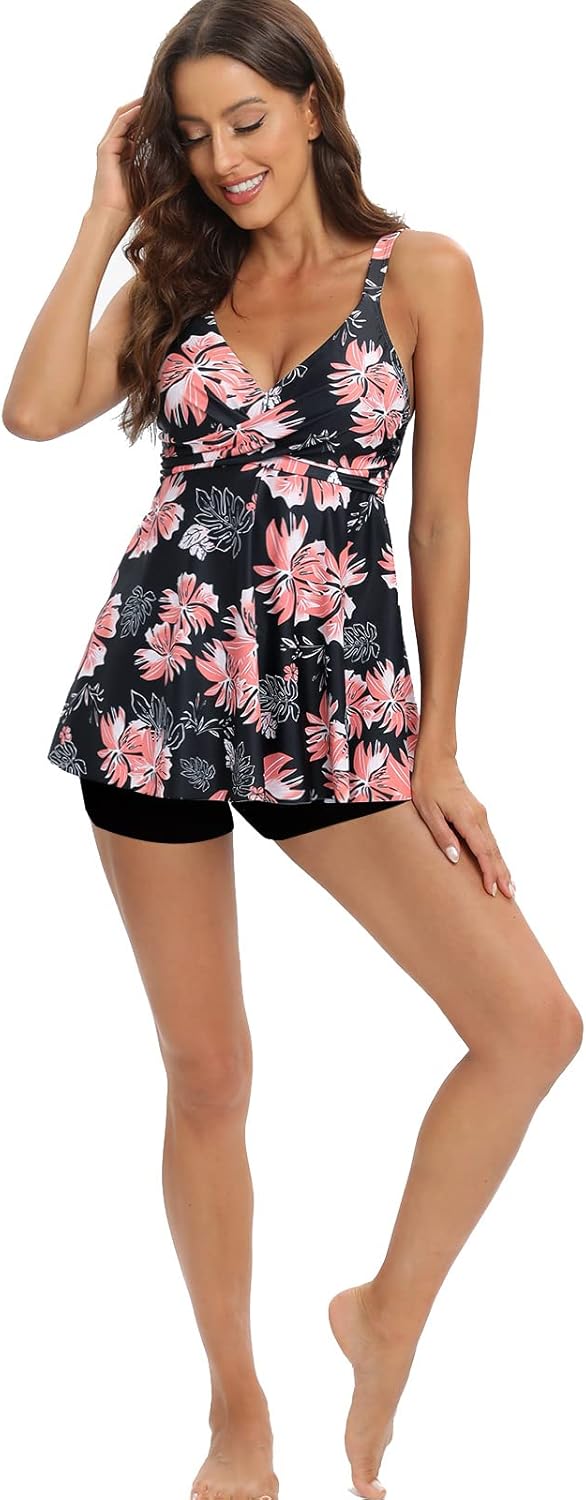 SEAFORM Women's Tankini Bathing Suits Two-Piece Tummy Control Swim Dress High Waist Printing Padded Swimsuits with Boyshorts