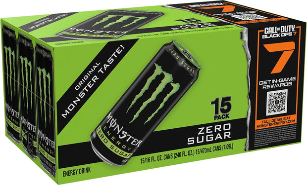 Monster Energy Zero Sugar, Green, Original, Low Calorie Energy Drink, 16 ounce (Pack of 15)
