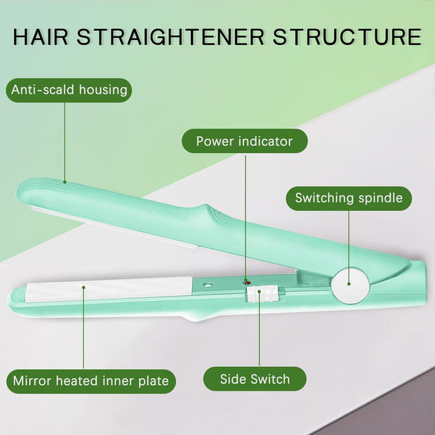Mini Dual Purpose Curling Iron, 2 in 1 Mini Curling Wand & Flat Iron Hair Straightener, Portable Travel Curling Wand, Small Curling Iron for Women Short Hair, Hair Straightener (Green)