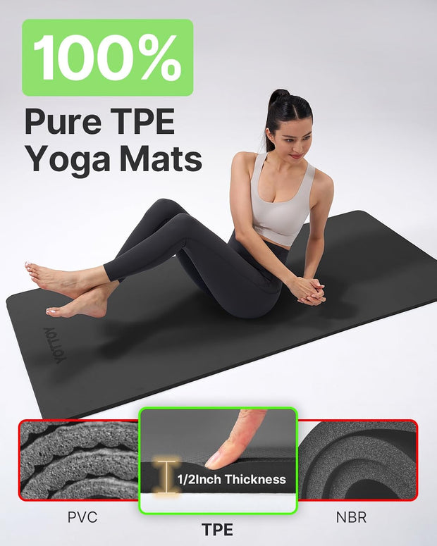 YOTTOY Yoga Mat，Extra Thick Yoga Mat (1/2inch),Professional TPE Exercise Mat,Non-Slip Workout Mat for Yoga, Pilates, Fitness, Barefoot Workouts, Home Gym Studio with Strap