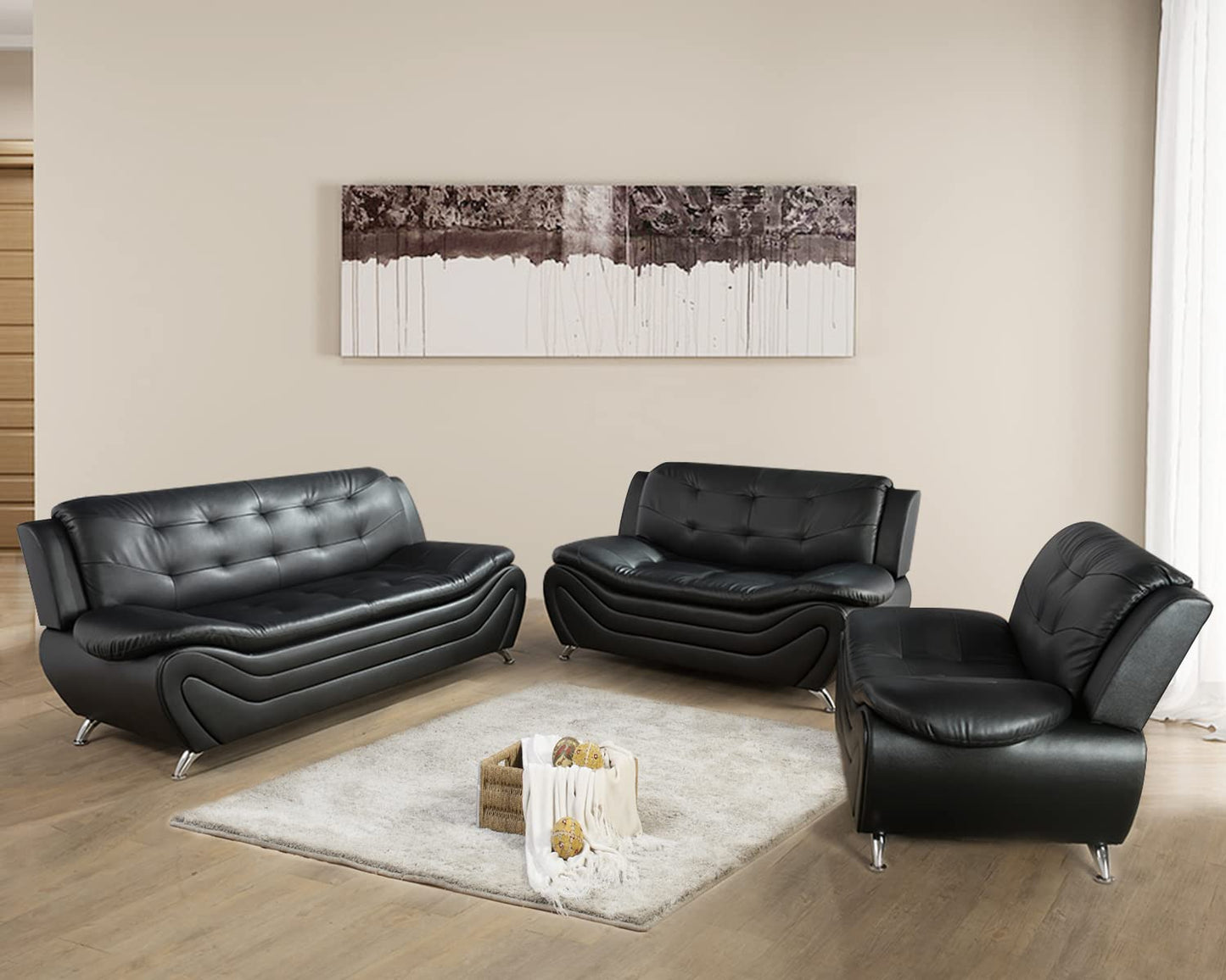 3 Piece Living Room Furniture Set, Leather Sofa Set for Living Room, Modern Couch Set with 3-Seater Sofa, Loveseat and Armchair (Black 2)