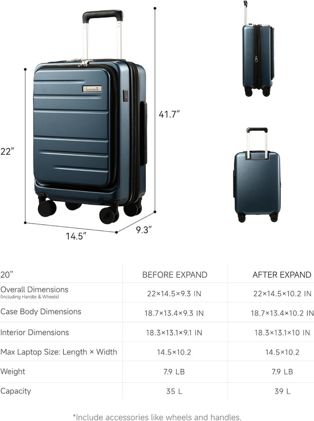 LUGGEX Carry On Luggage 22x14x9 Airline Approved, Expandable Polycarbonate Suitcase with Front Pocket (Charcoal Metallic, 20 Inch, 35L)