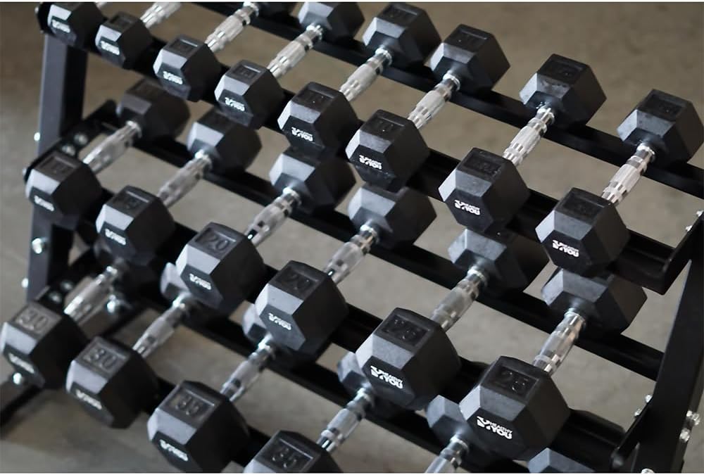 3 Tier Dumbbell Rack – Heavy-Duty Steel Weight Storage Stand for Hex or Round Dumbbells – Rubber Feet for Stability – Home or Commercial Gym Use