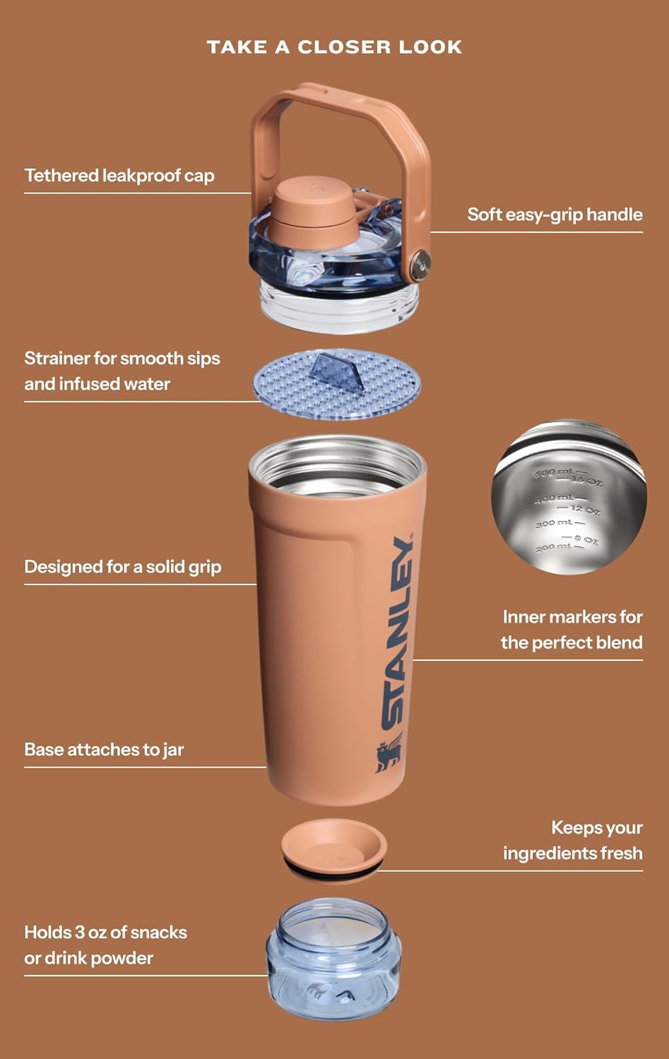 Stanley Activate Shaker Bottle 20 oz | Leakproof Insulated Stainless Steel Shaker Cup | Base Storage and Twist On Fast Flow Lid | Protein Shakes and Pre Workout Powder | BPA-Free | Toast
