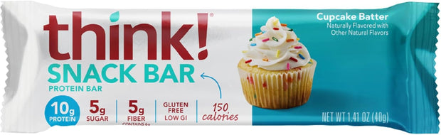 think! Protein Bars with Chicory Root for Fiber, Digestive Support, Gluten Free with Whey Protein Isolate, Cupcake Batter, Snack Bars without Artificial Sweeteners, 1.4 Oz (10 Count)