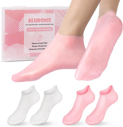 2 Pairs Silicone Moisturizing Socks for Dry Cracked Feet Women, Soft Gel Pedicure Foot Spa Aloe Socks, Anti-Slip Moisturizer Socks for Dry Cracked Feet Overnight Foot Care Pink&White