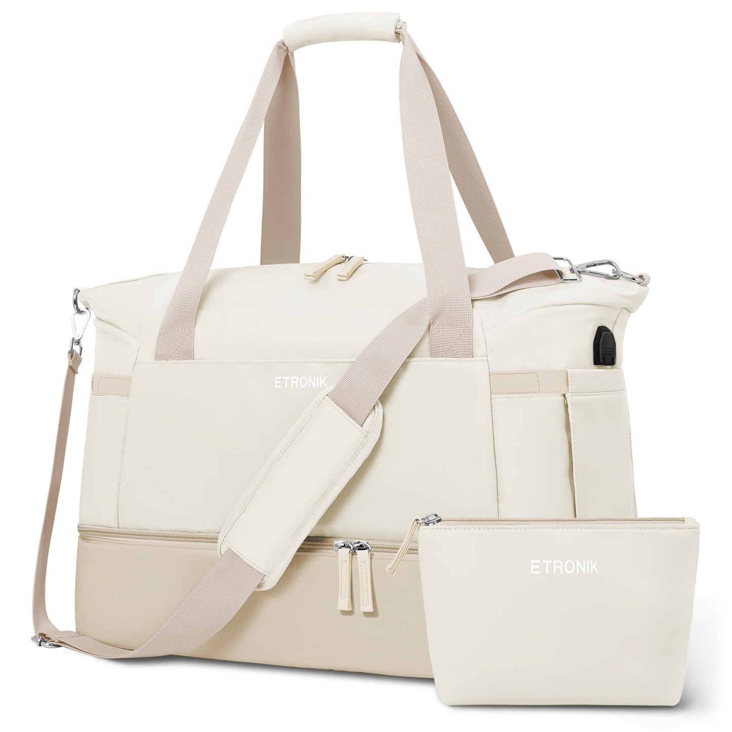 ETRONIK Gym Bag for Women, Personal Item Travel Bag with Shoes Compartment, Weekender Overnight Duffel Bag with Wet Pocket & USB Charging Port, Carry On Bag for Women, Travel, Gym, Weekend (Beige)