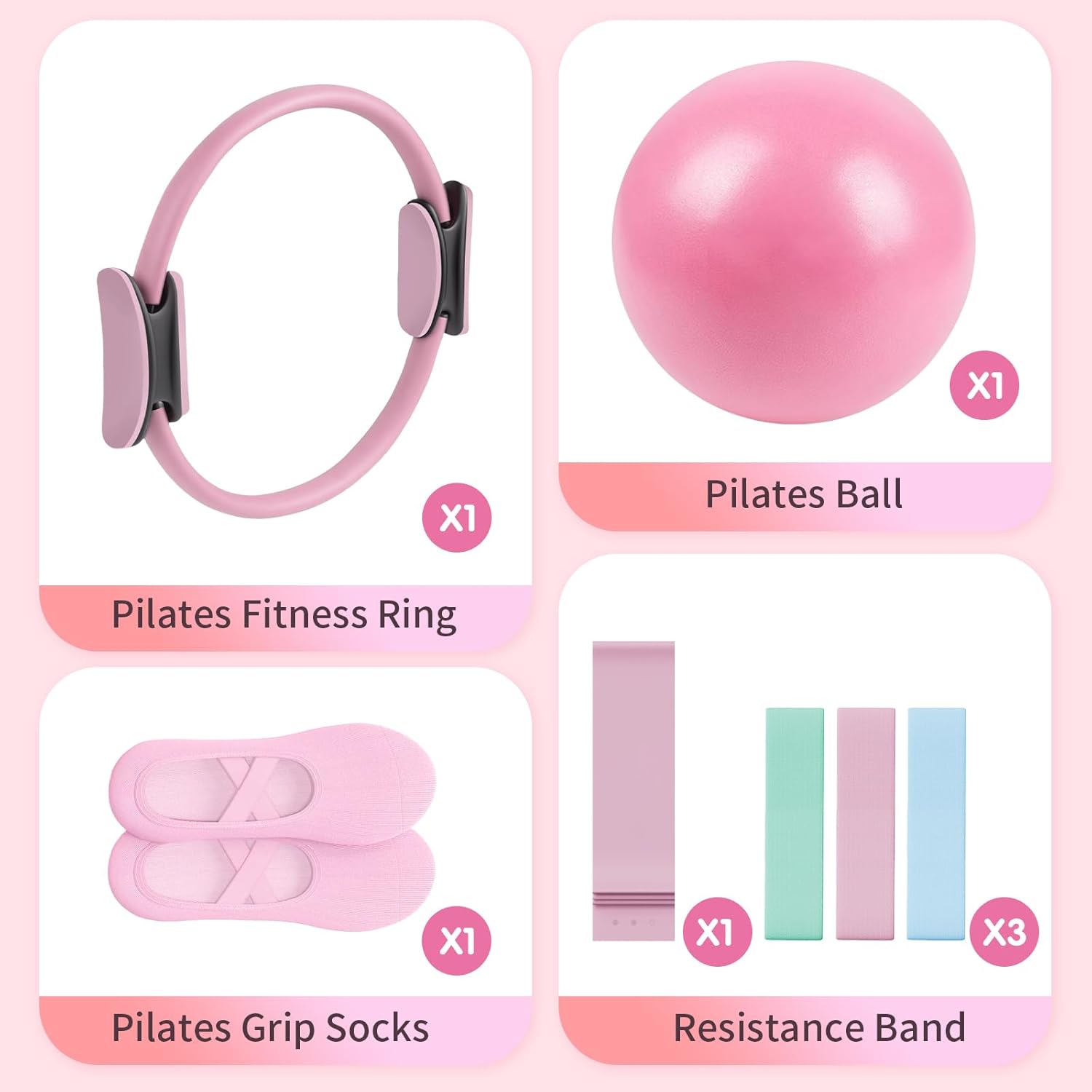 Pilates Essential Kit - Portable Fitness Equipment - with Toning Pilates Ring & Long Resistance Bands & Loop Bands & Soft Ball & Grip Socks