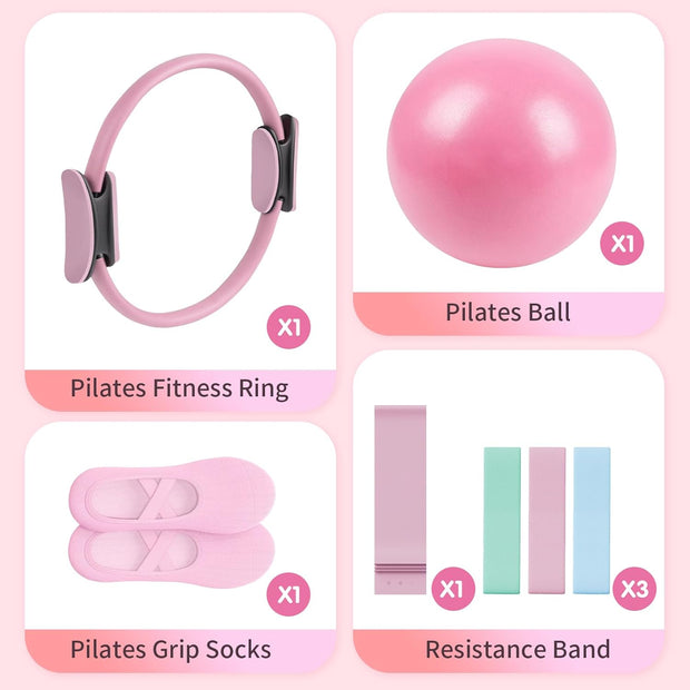 Pilates Essential Kit - Portable Fitness Equipment - with Toning Pilates Ring & Long Resistance Bands & Loop Bands & Soft Ball & Grip Socks