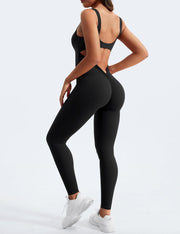 YEOREO Long Sleeve Jumpsuit for Women Workout V Back Bodysuit Lizvette Scrunch Leggings One Piece Romper Full Length Bodycon