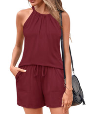 Rapbin 2 Piece Short Sets for Women Casual Vacation Summer Outfits Sleeveless Halter Tops Loose Fit